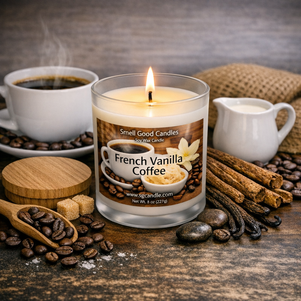 French Vanilla Coffee soy wax candle in a white frosted glass jar with wooden lid, lit single wick, styled with coffee beans, vanilla, sugar cubes, and cream for a rich coffeehouse scent.