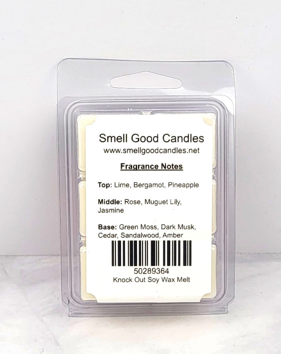 Packaged soy wax melt in a clear plastic container with a label that includes the product name, fragrance notes, and a barcode.