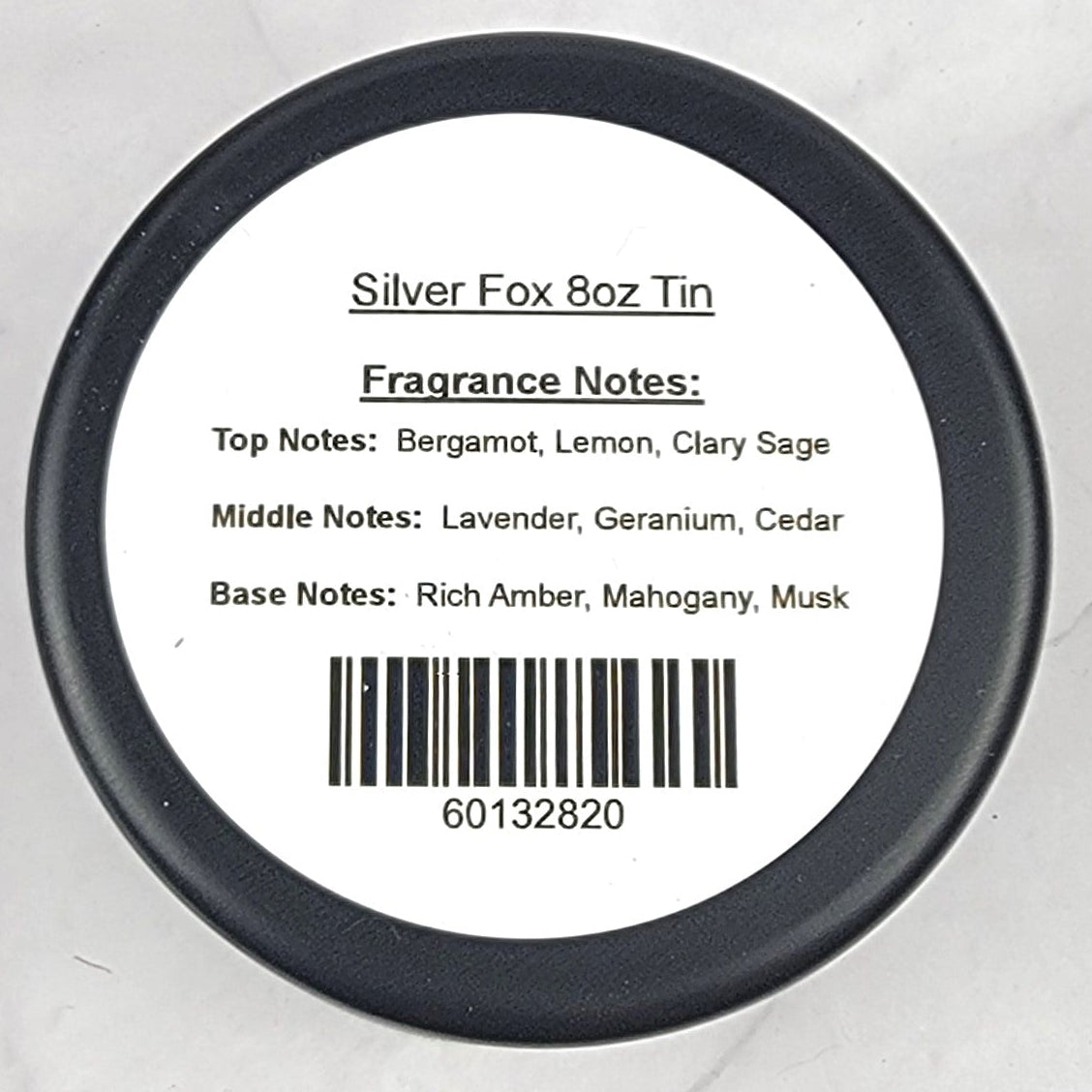 Bottom warning and fragrance notes label for Silver Fox 8oz soy wax candle listing bergamot, cedar, and mahogany