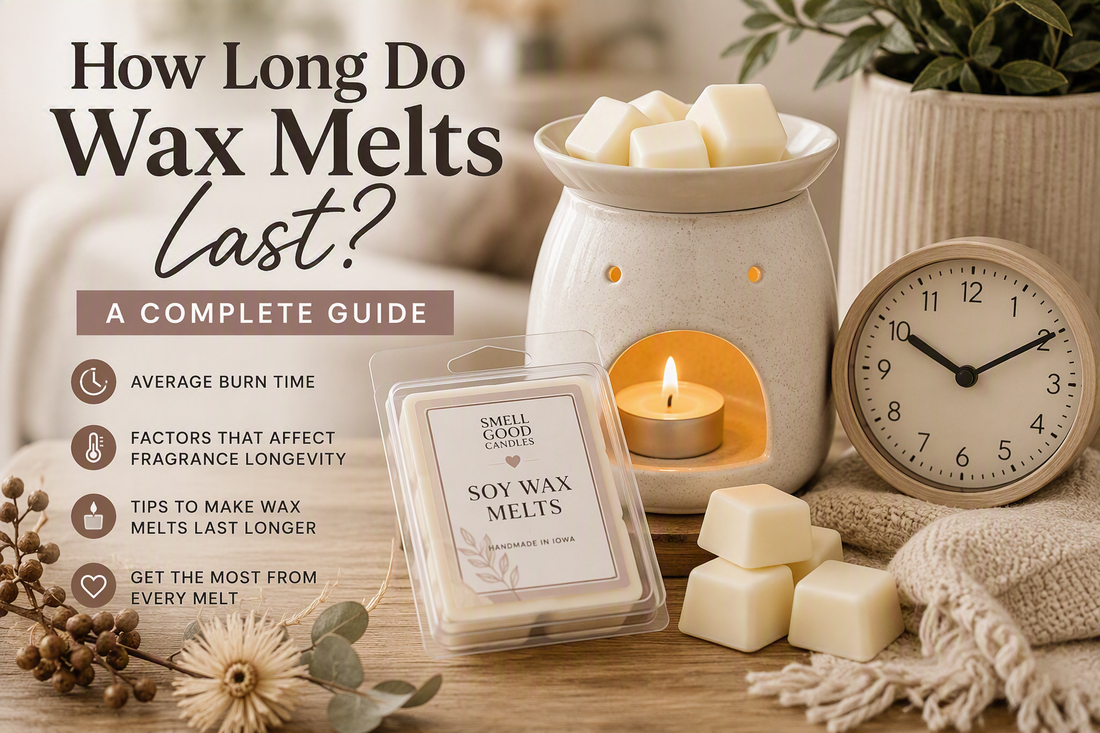 How long wax melts last guide showing soy wax melts, a wax warmer and factors that affect fragrance longevity