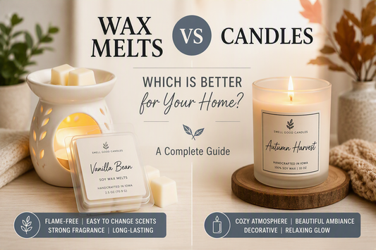 Wax melts vs candles comparison showing a wax warmer with soy wax melts and a lit soy candle for home fragrance