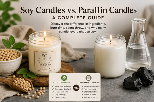Soy candles vs paraffin candles comparison showing differences in ingredients, burn time, scent throw, and cleanup