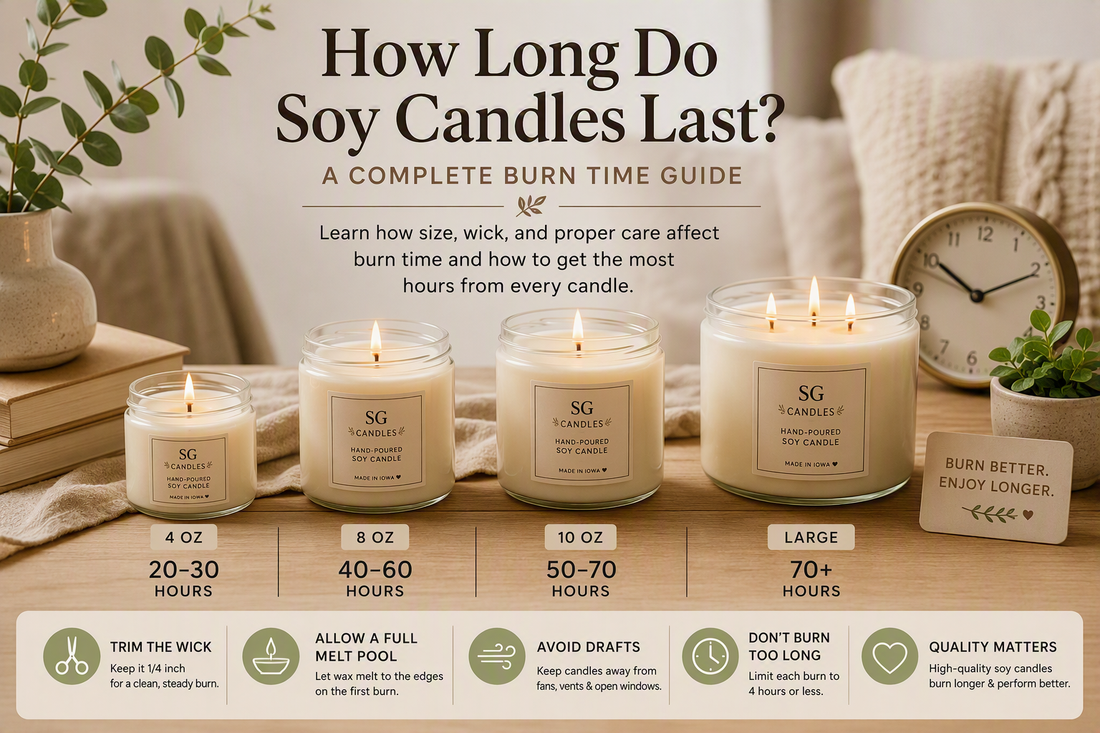 How long soy candles last comparison showing average burn times for different candle sizes and factors that affect candle life