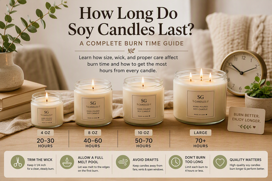 How long soy candles last comparison showing average burn times for different candle sizes and factors that affect candle life