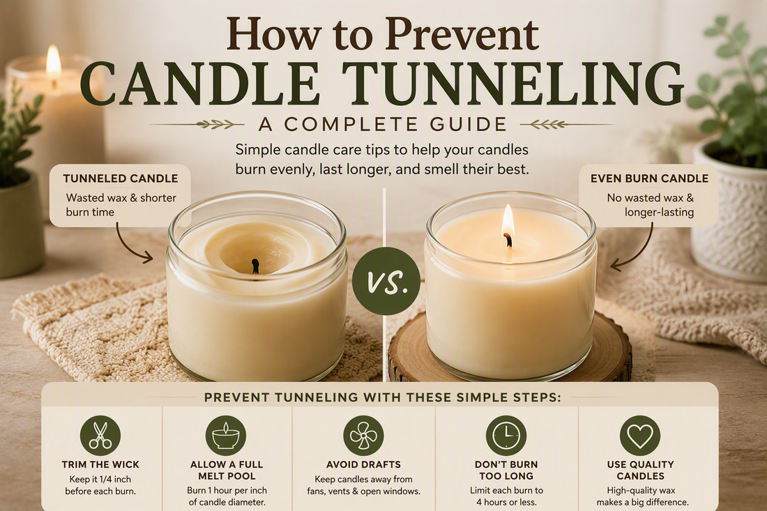 How to prevent candle tunneling guide showing tunneled candles, proper burn techniques and candle care tips