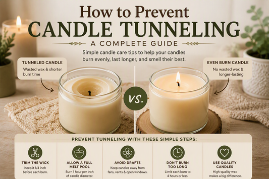 How to prevent candle tunneling guide showing tunneled candles, proper burn techniques and candle care tips