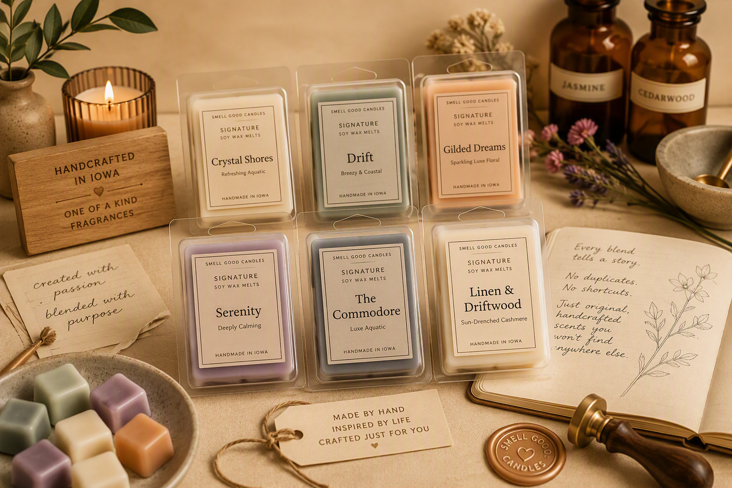 Handcrafted signature soy wax melts made in Iowa featuring exclusive custom fragrance blends created by Smell Good Candles