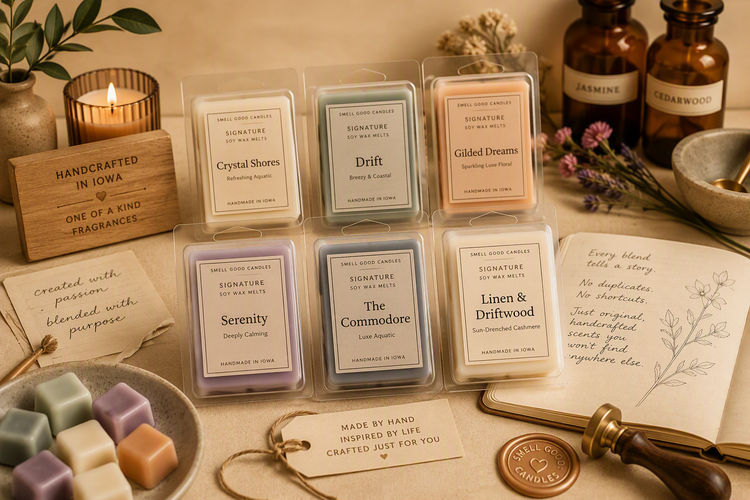 Handcrafted signature soy wax melts made in Iowa featuring exclusive custom fragrance blends created by Smell Good Candles