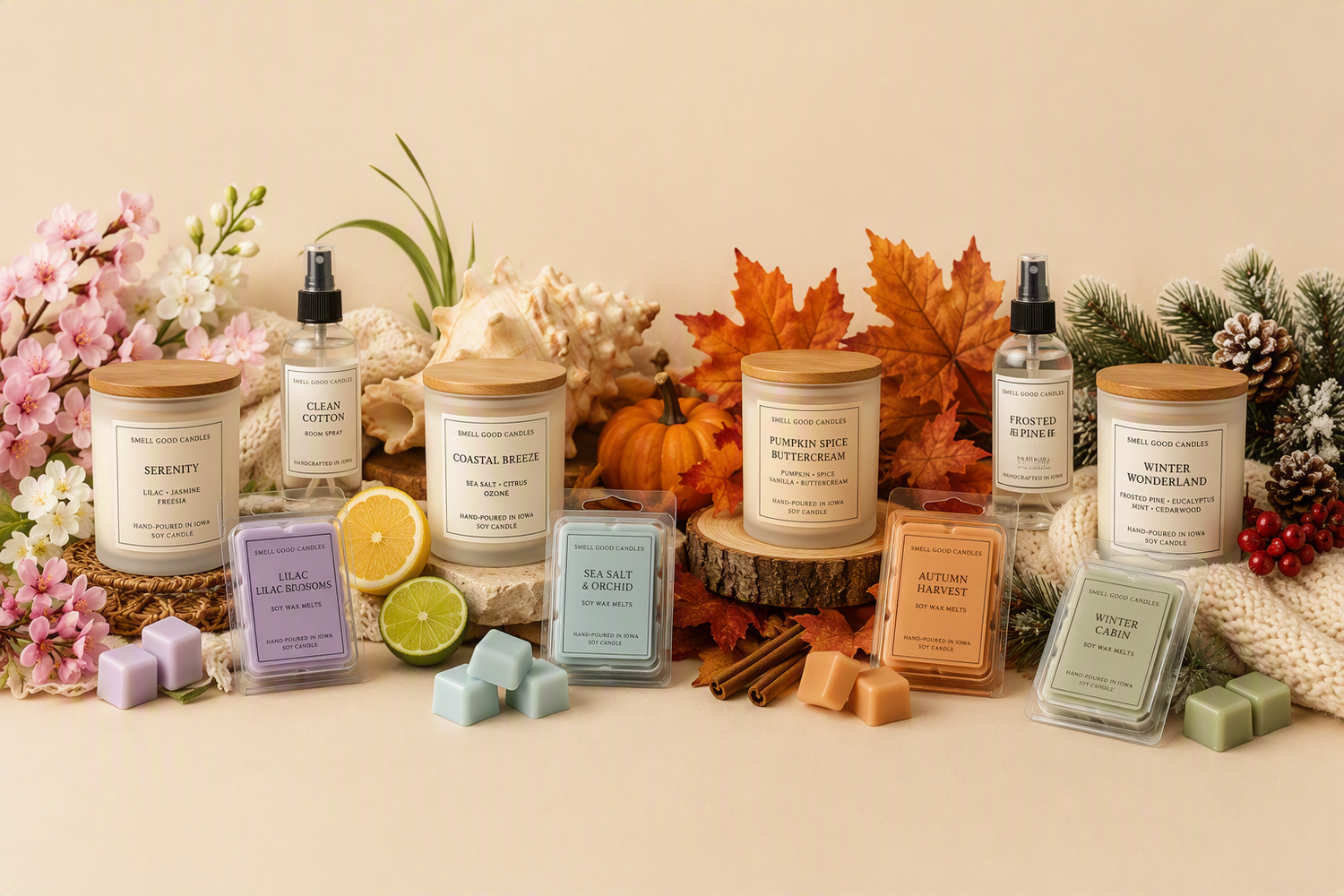 Seasonal candles, wax melts, room sprays, and home fragrance products inspired by spring, summer, fall, and winter fragrances