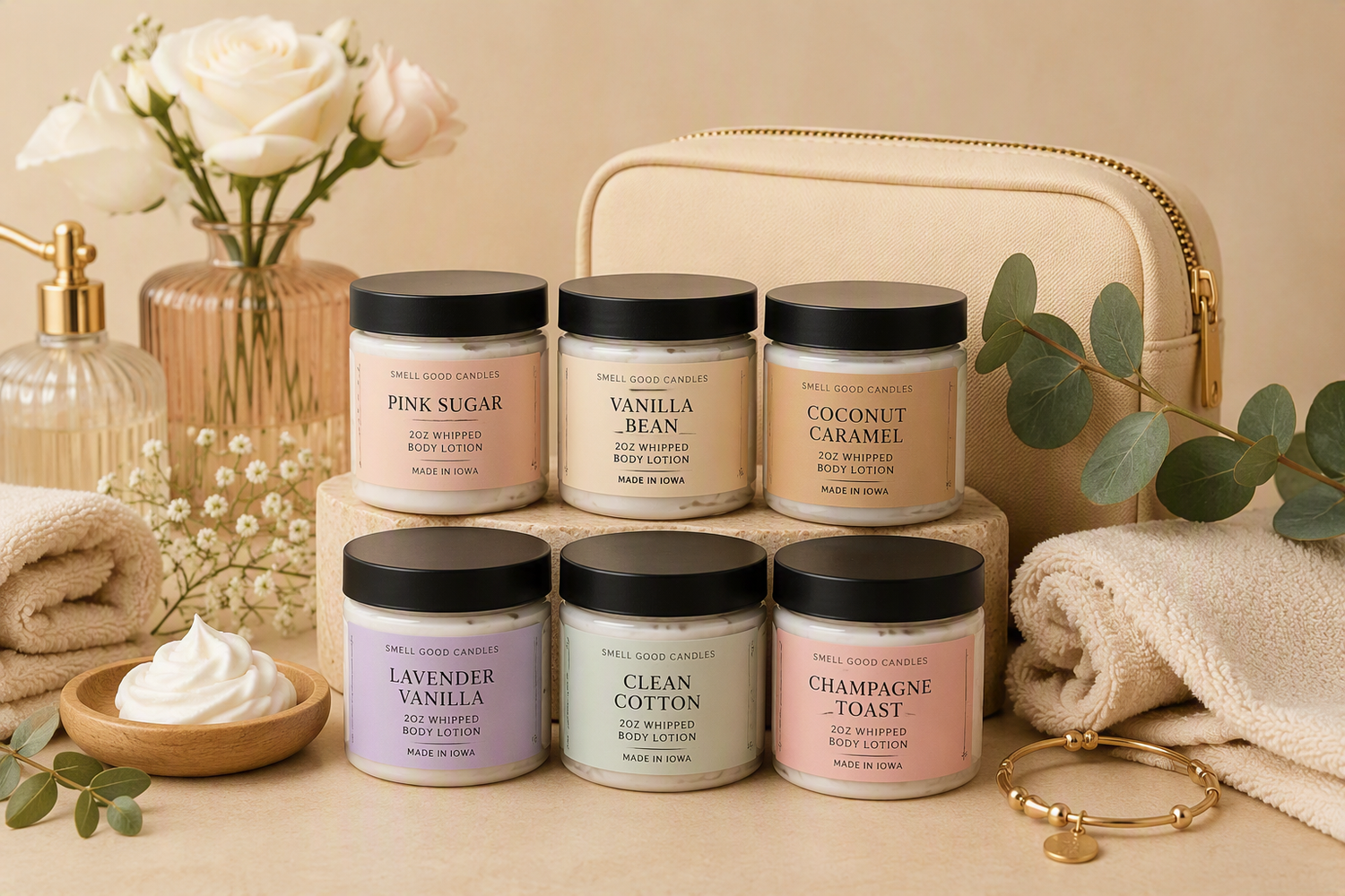 Handcrafted 2oz whipped body lotions made in Iowa featuring lightweight hydration and travel-friendly fragranced skincare