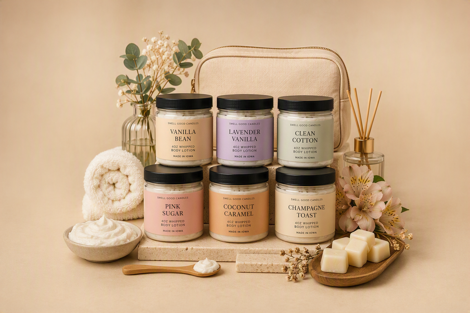 Handcrafted 4oz whipped body lotions made in Iowa with lightweight hydration, long-lasting fragrance, and luxurious self-care skincare products