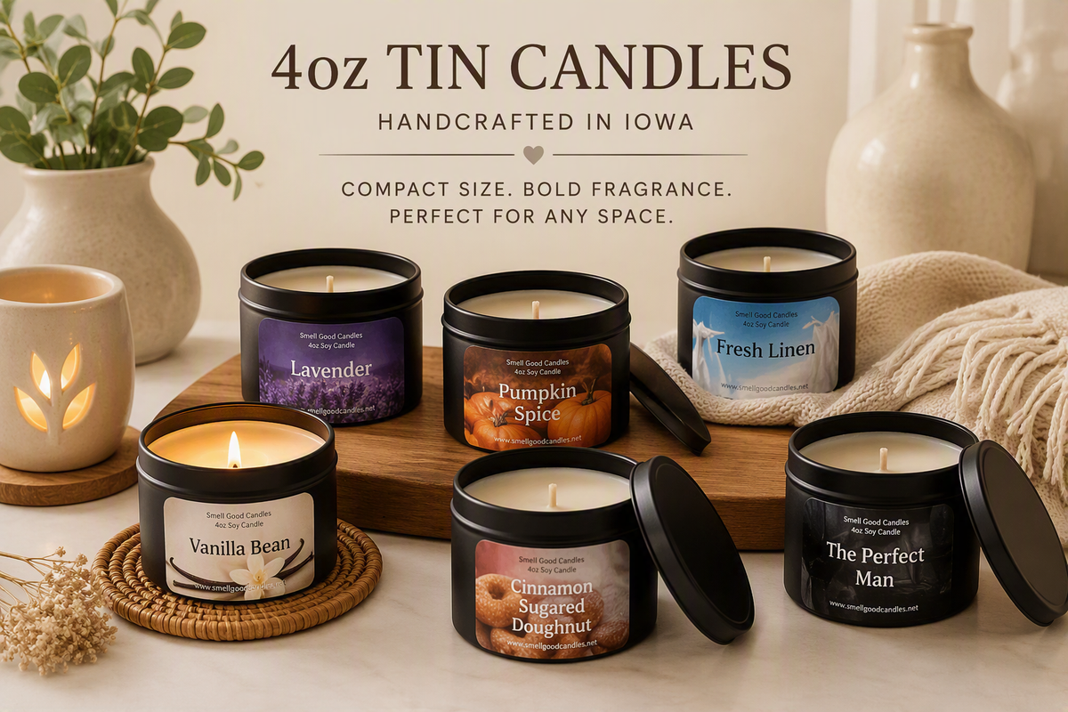 Handcrafted 4oz tin soy candles made in Iowa featuring travel-friendly home fragrance in bakery, floral, fresh, and masculine scents