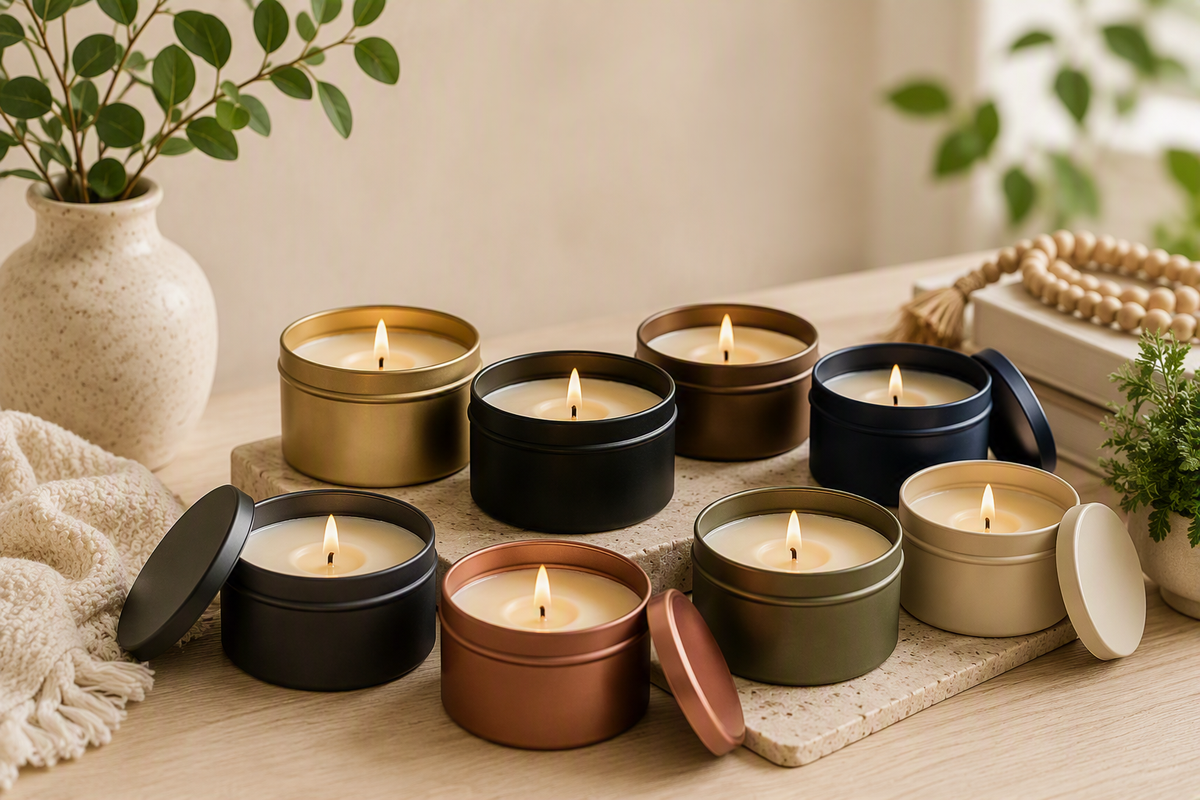 Handcrafted 8oz tin soy candles made in Iowa featuring long-lasting home fragrance in travel-friendly candle tins with fresh, clean, bakery, floral, masculine, and seasonal scents