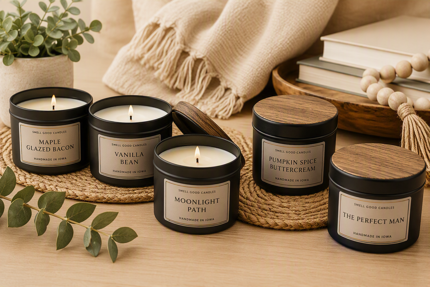 Handcrafted soy candle tins made in Iowa featuring travel-friendly home fragrance in bakery, floral, fresh, masculine, and seasonal scents
