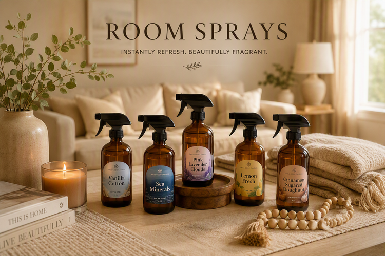 Handcrafted room sprays made in Iowa with long-lasting home fragrance in fresh, floral, bakery, and seasonal scents