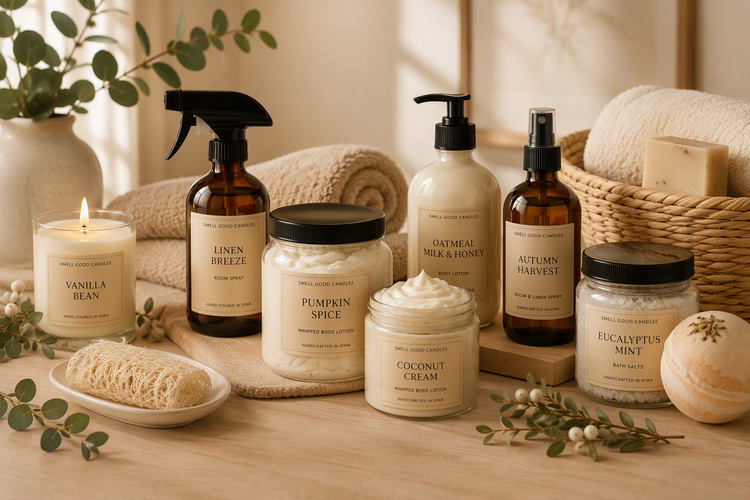 Handcrafted room sprays, whipped body lotions, bath products, and self-care essentials made in Iowa in a clean spa-inspired home fragrance setting