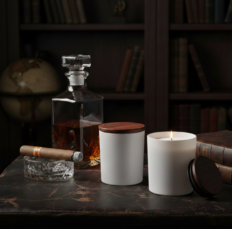 Handcrafted masculine candles and wax melts featuring woodsy fragrances with bourbon, leather, cedarwood, oak, and rugged home fragrance scents