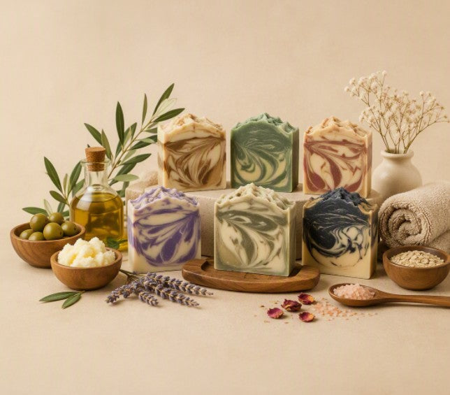 Handcrafted cold process soap made in Iowa featuring artisan swirl designs, premium ingredients, and small-batch craftsmanship