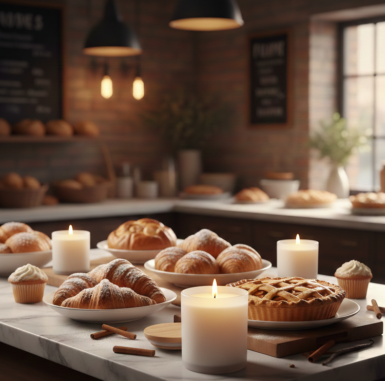 Handcrafted bakery scented candles and wax melts with vanilla, cinnamon, pastry, cupcake, caramel, and dessert-inspired fragrances