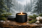 Candle in a black tin with evergreen branches on a wooden surface in a forest setting