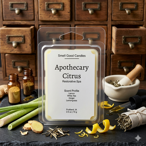 Smell Good Candles Apothecary Citrus luxury wax melt in clear clamshell packaging, featuring notes of lemon, white tea, ginger, and lemongrass on a dark slate background with vintage apothecary drawers.