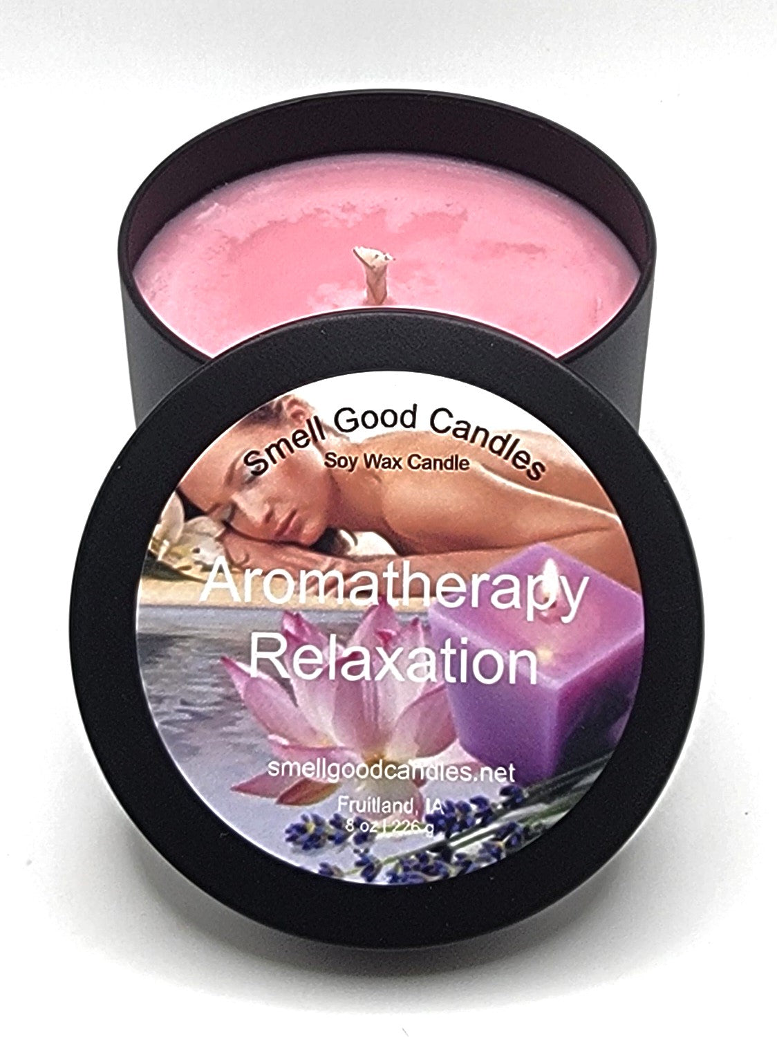 Aromatherapy Relaxation 8oz Soy Candle with lavender, citrus, floral, and wood fragrance notes