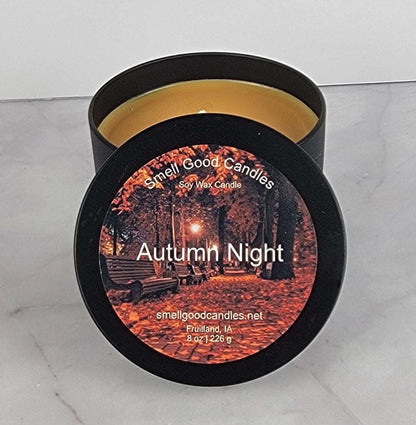 Autumn Night 8oz Soy Candle with cinnamon, apple, sandalwood, and cedar musk fragrance notes