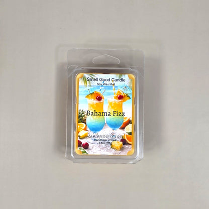 Bahama Fizz soy wax melt 2.5oz clamshell featuring a tropical label with colorful island cocktails and fresh fruit.