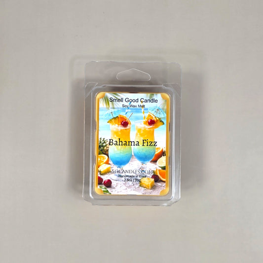 Bahama Fizz soy wax melt 2.5oz clamshell featuring a tropical label with colorful island cocktails and fresh fruit.