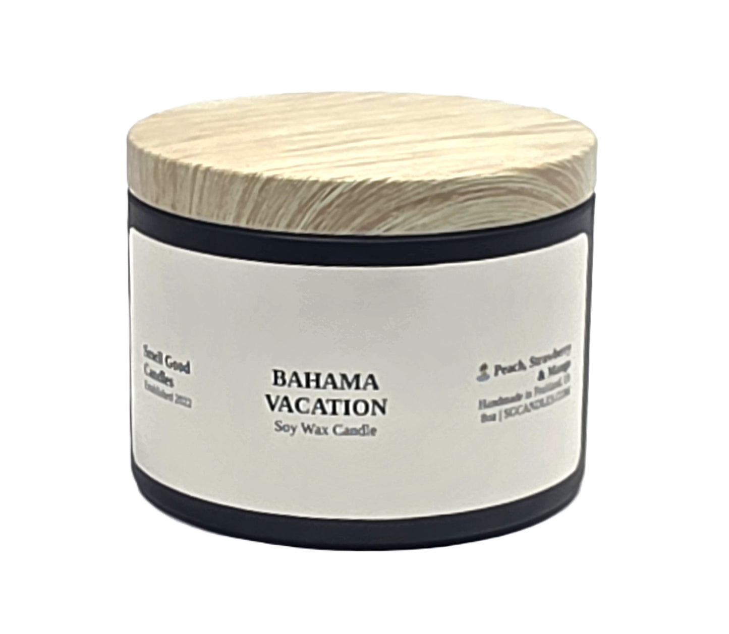 Bahama Vacation 8oz Soy Candle with peach, strawberry, mango, and tropical fragrance notes