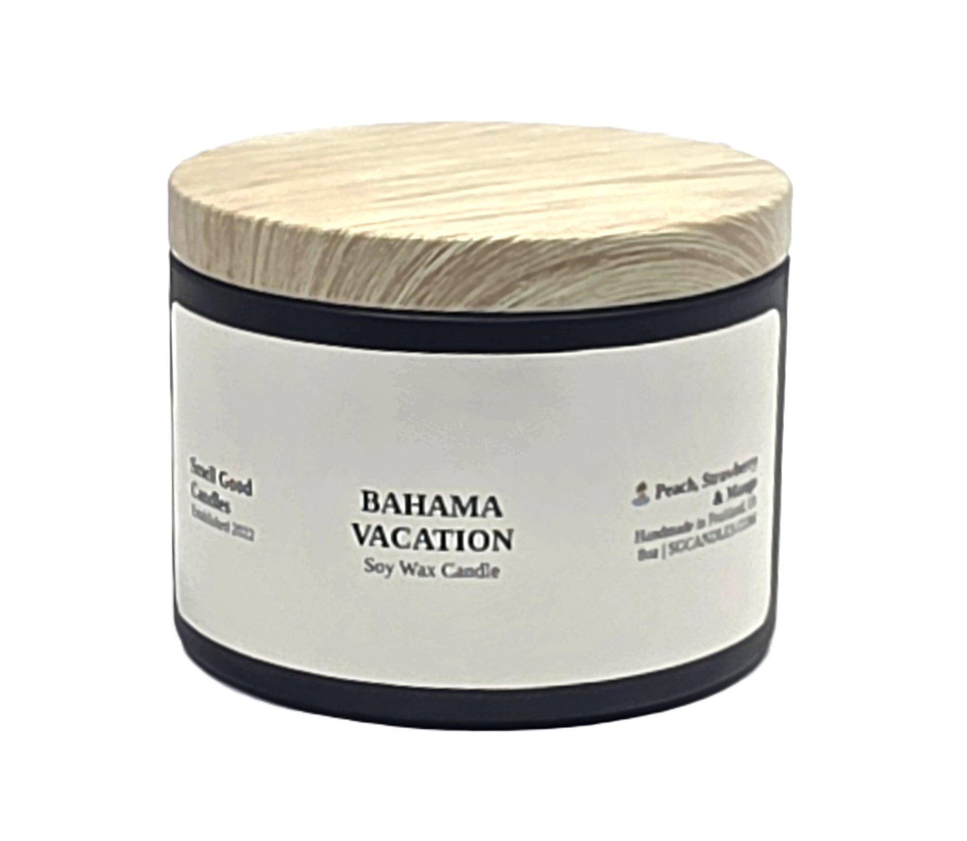 Bahama Vacation 8oz Soy Candle with peach, strawberry, mango, and tropical fragrance notes