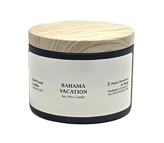 Bahama Vacation 8oz Soy Candle with peach, strawberry, mango, and tropical fragrance notes