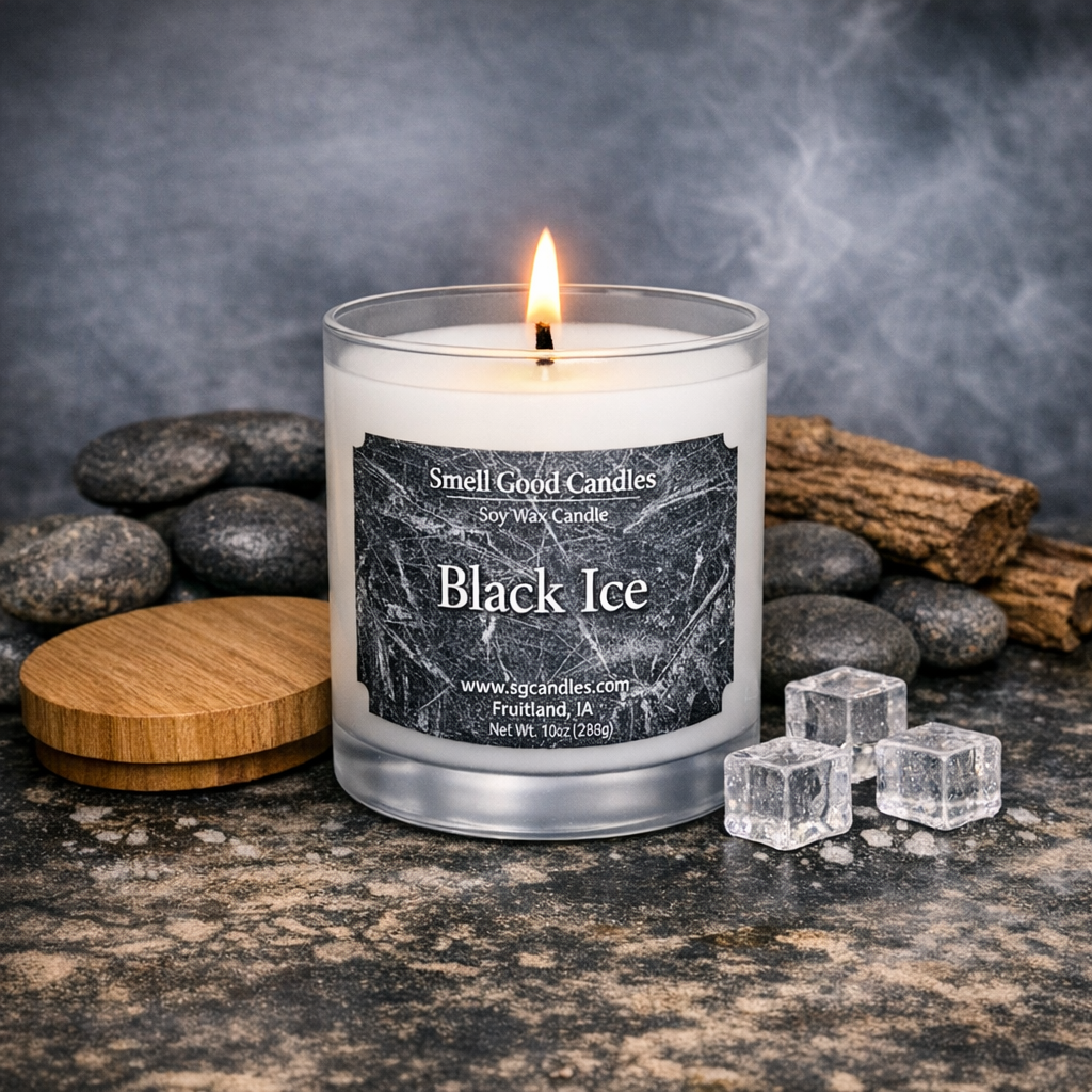Black Ice soy wax candle in a white frosted glass jar with pure white wax and lit wick, styled with ice cubes, dark stone, and wood for a masculine cologne scent.