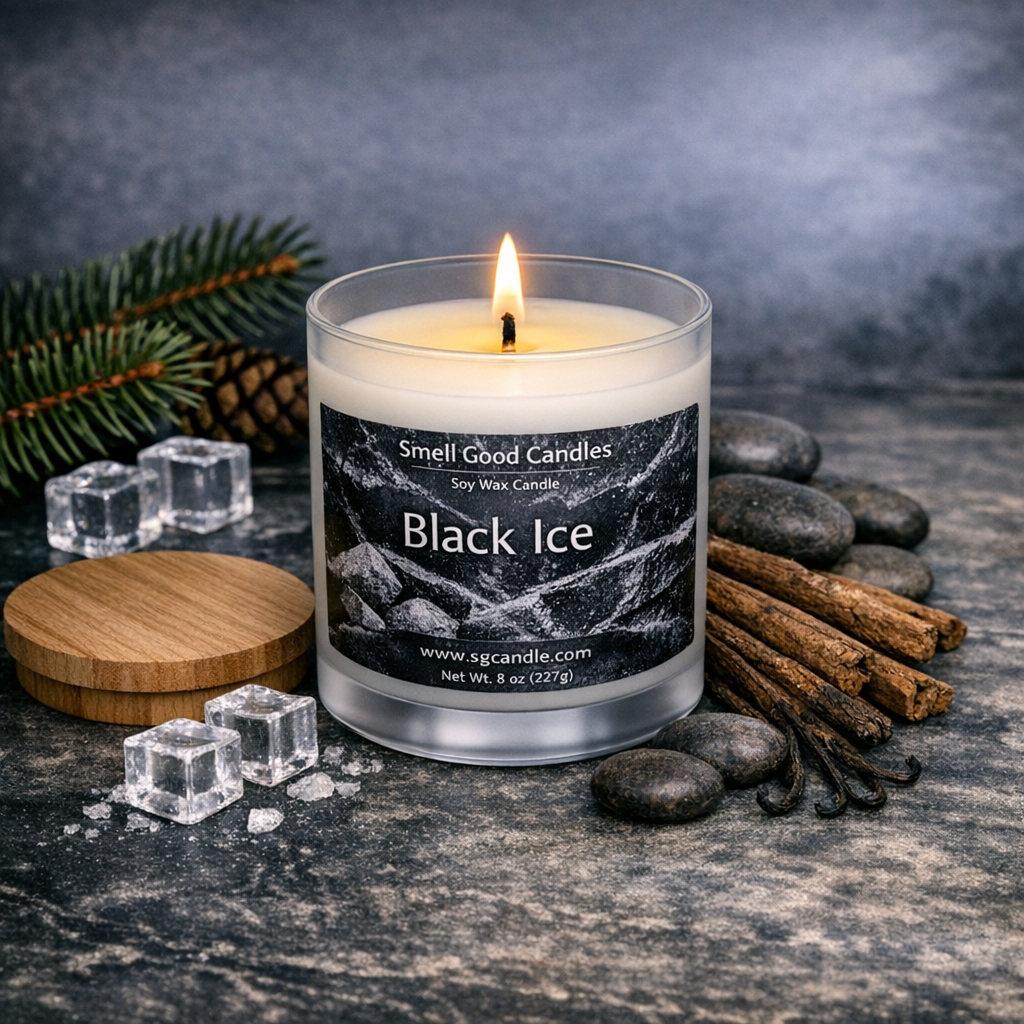 Black Ice soy wax candle in a white frosted glass jar with wooden lid, lit single wick, styled with ice cubes, pine accents, dark stone, and natural wood for a masculine cologne‑inspired scent.