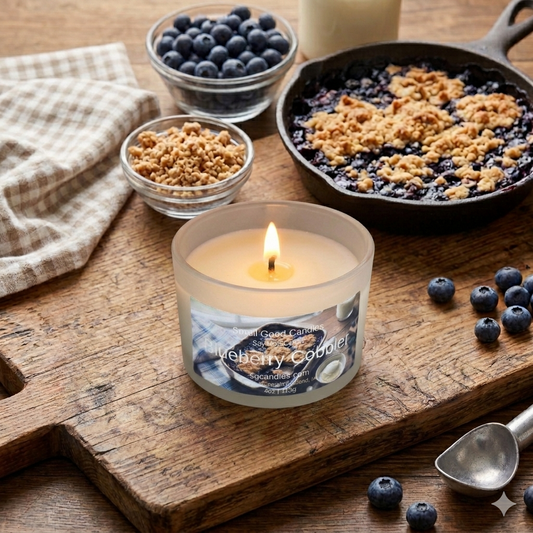Lit jar candle with "Blueberry Cobbler" label on a rustic wood board next to a fresh blueberry cobbler, bowls of berries, and an ice cream scoop.