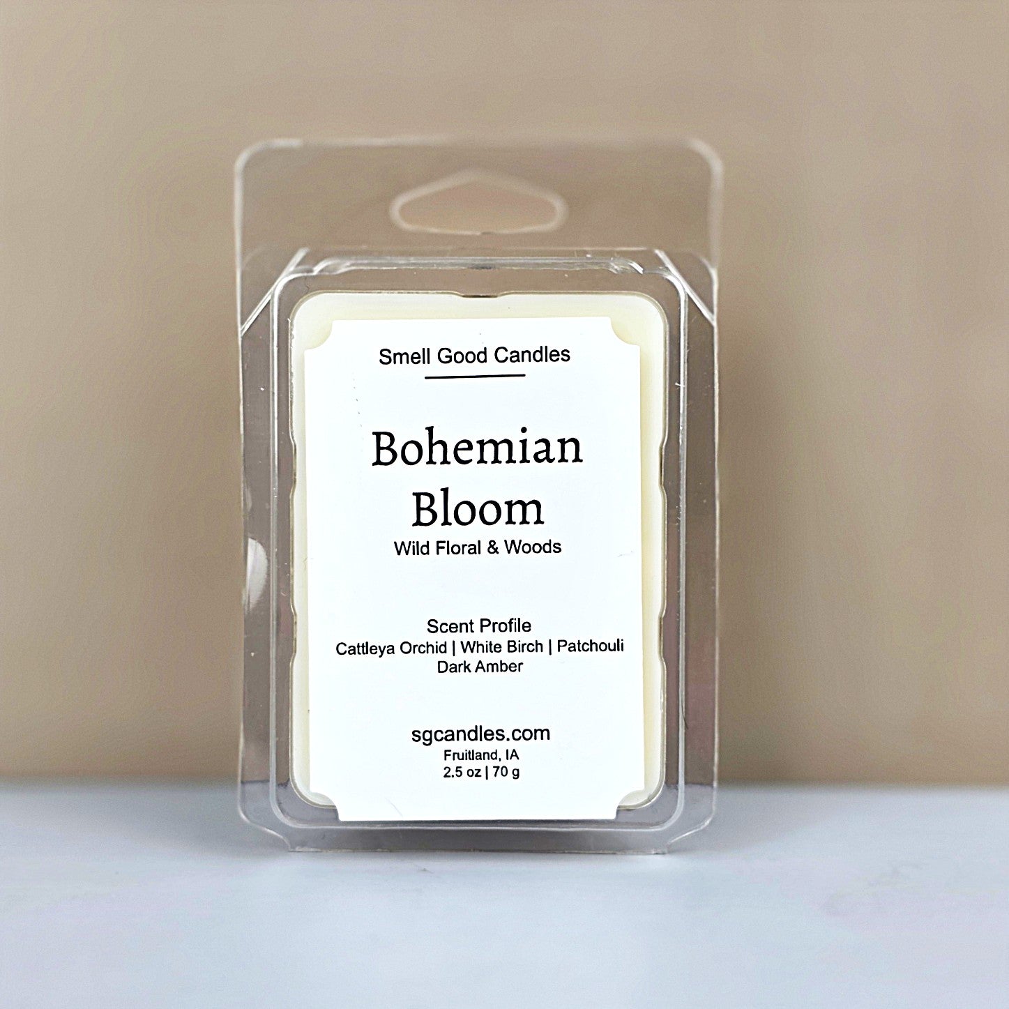 Bohemian Bloom luxury wax melt by Smell Good Candles, featuring an earthy floral scent with Cattleya Orchid, White Birch, Patchouli, and Dark Amber.