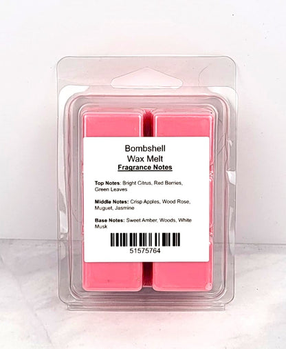 Bombshell Soy Wax Melt cubes in hand-poured soy wax clamshell packaging