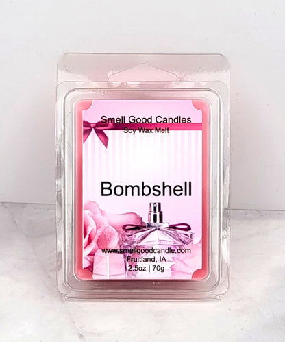 Bombshell Soy Wax Melt with citrus, red berries, jasmine, amber, and white musk fragrance notes