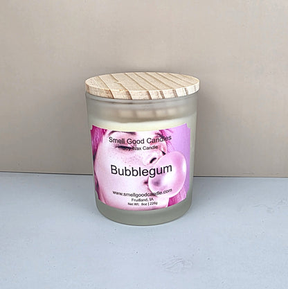 Bubblegum soy wax candle 10oz white frosted jar wood lid