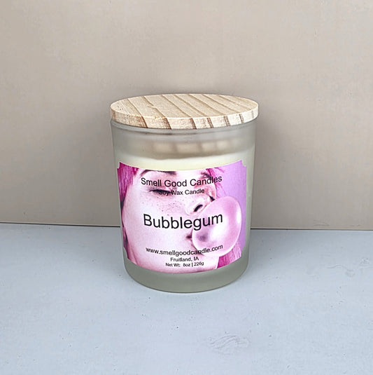 Bubblegum soy wax candle 10oz white frosted jar wood lid