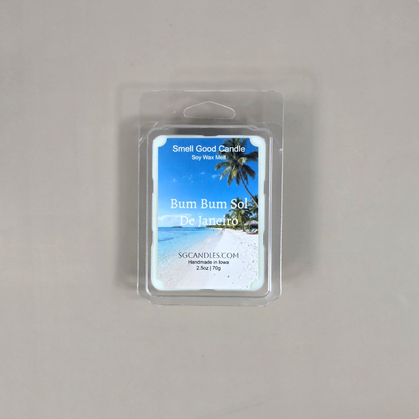 Labeled Bum Bum Sol De Janeiro soy wax melt in a 2.5oz clamshell with a vibrant beach scene and tropical palm tree imagery.