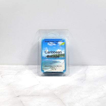 Caribbean Escape soy wax melt with tropical fruit and beach background