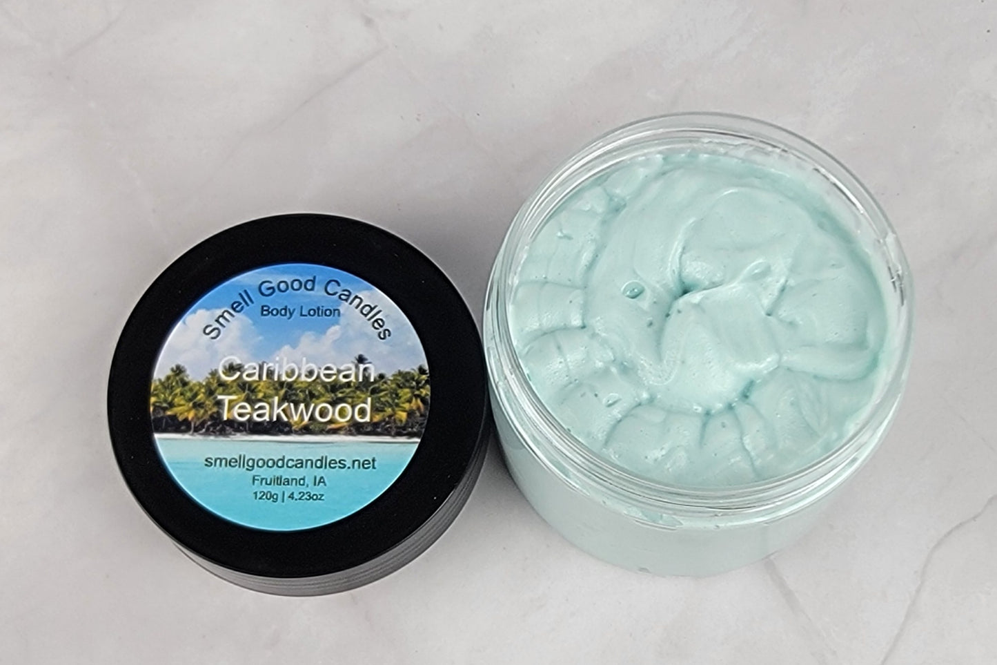 Richly moisturizing whipped body lotion with teakwood, leather, and amber scent