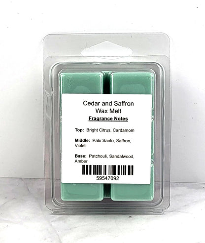 Handcrafted soy wax melt featuring cedarwood, saffron, and sandalwood aroma