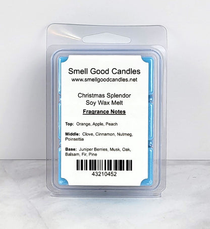 Christmas Splendor Soy Wax Melt cubes in hand-poured soy wax clamshell packaging