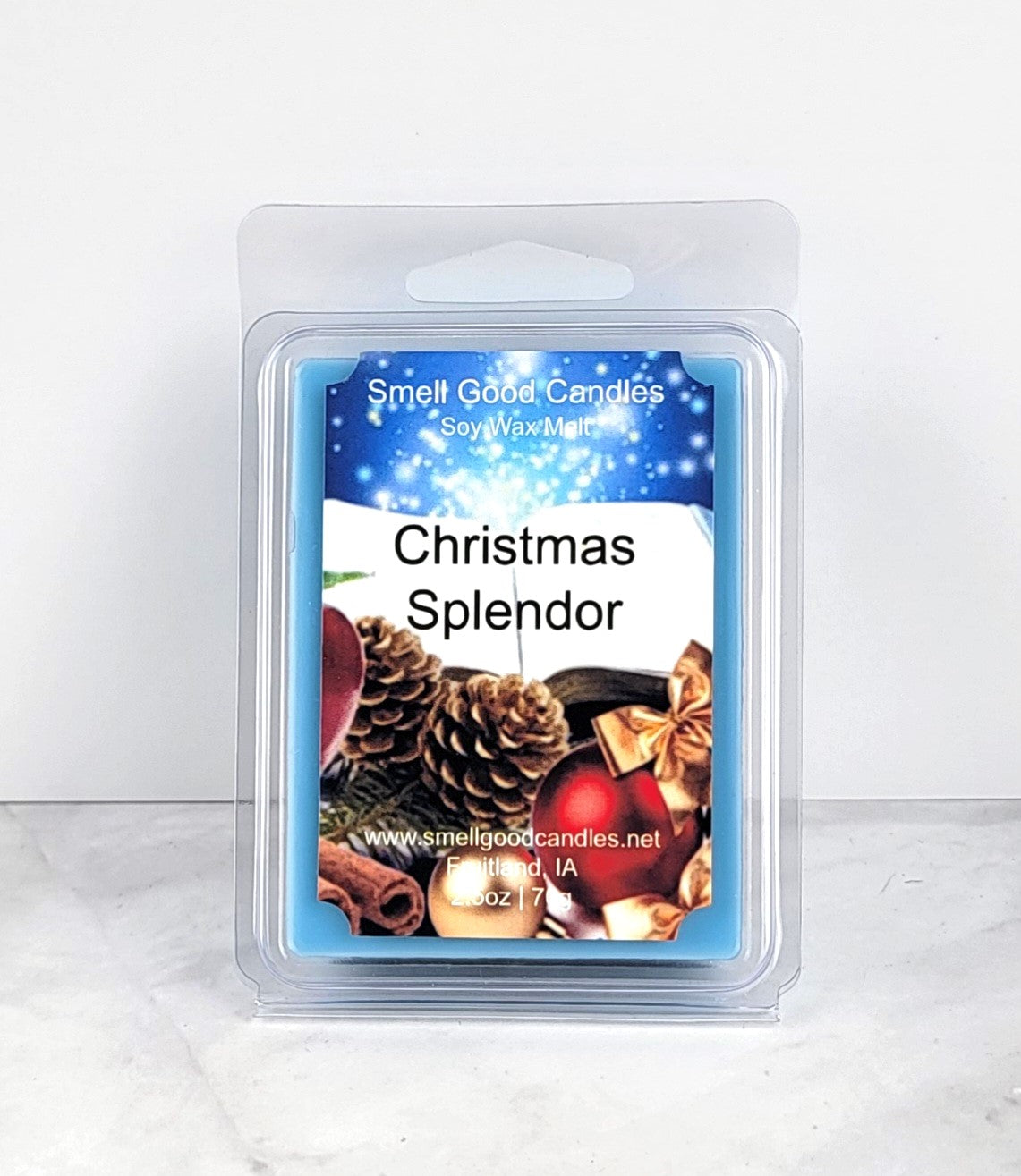 Christmas Splendor Soy Wax Melt with festive orange, pine, and spice notes