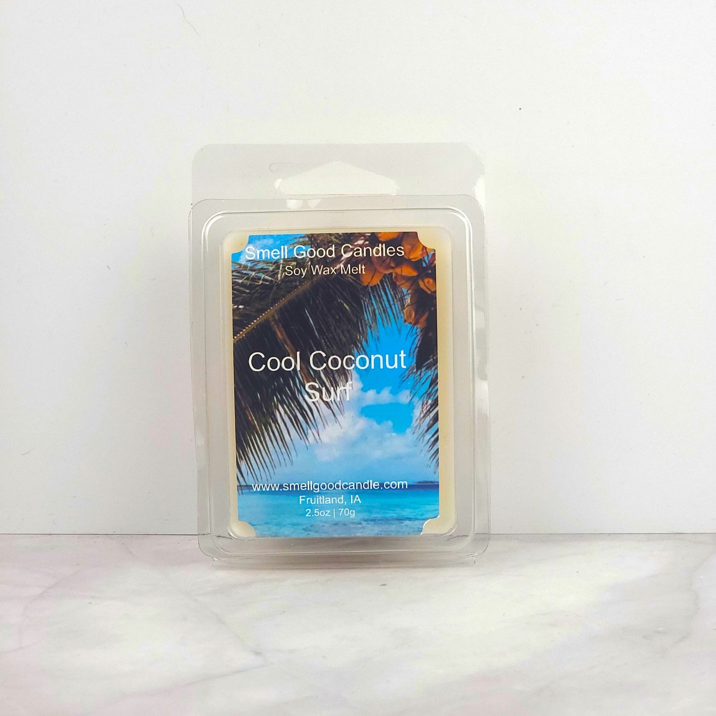 Cool Coconut Surf Soy Wax Melt with tropical coconut, pineapple, mango, and vanilla for a beachy, summery scent.