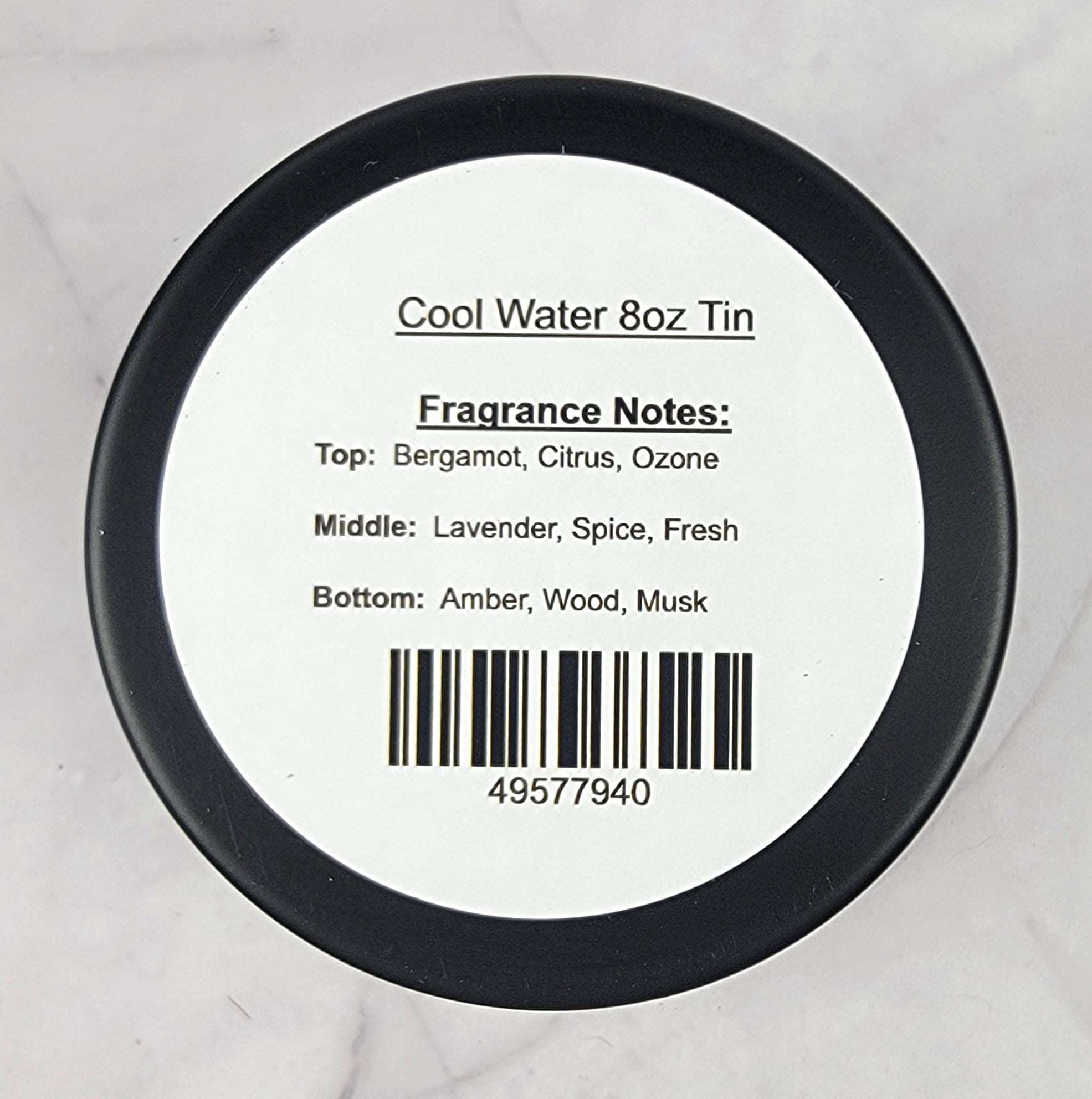 Cool Water 8oz Soy Candle Fragrance Notes - Top: Bergamot Citrus Ozone, Middle: Lavender Spice Fresh, Bottom: Amber Wood Musk