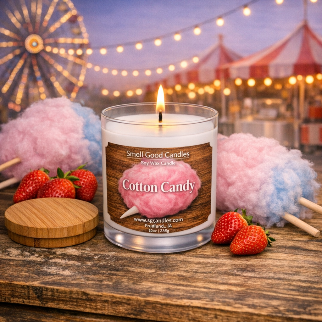 Cotton Candy soy wax candle in a white frosted glass jar with wooden lid, pure white wax and lit wick, styled at a fairground with pink cotton candy and strawberries.