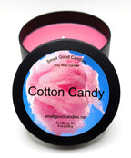 Cotton Candy soy wax candle - Open matte black tin showing bright pink sweet scented wax, 8 oz, for fun gourmand candle lovers.
